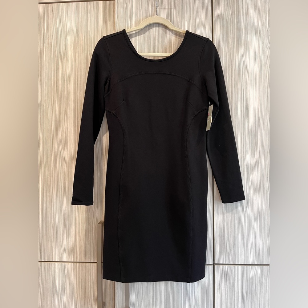 NEW Athleta Illusion Ponte Knit Black Long-Sleeve Dress Small LBD Athleisure - Picture 3 of 12